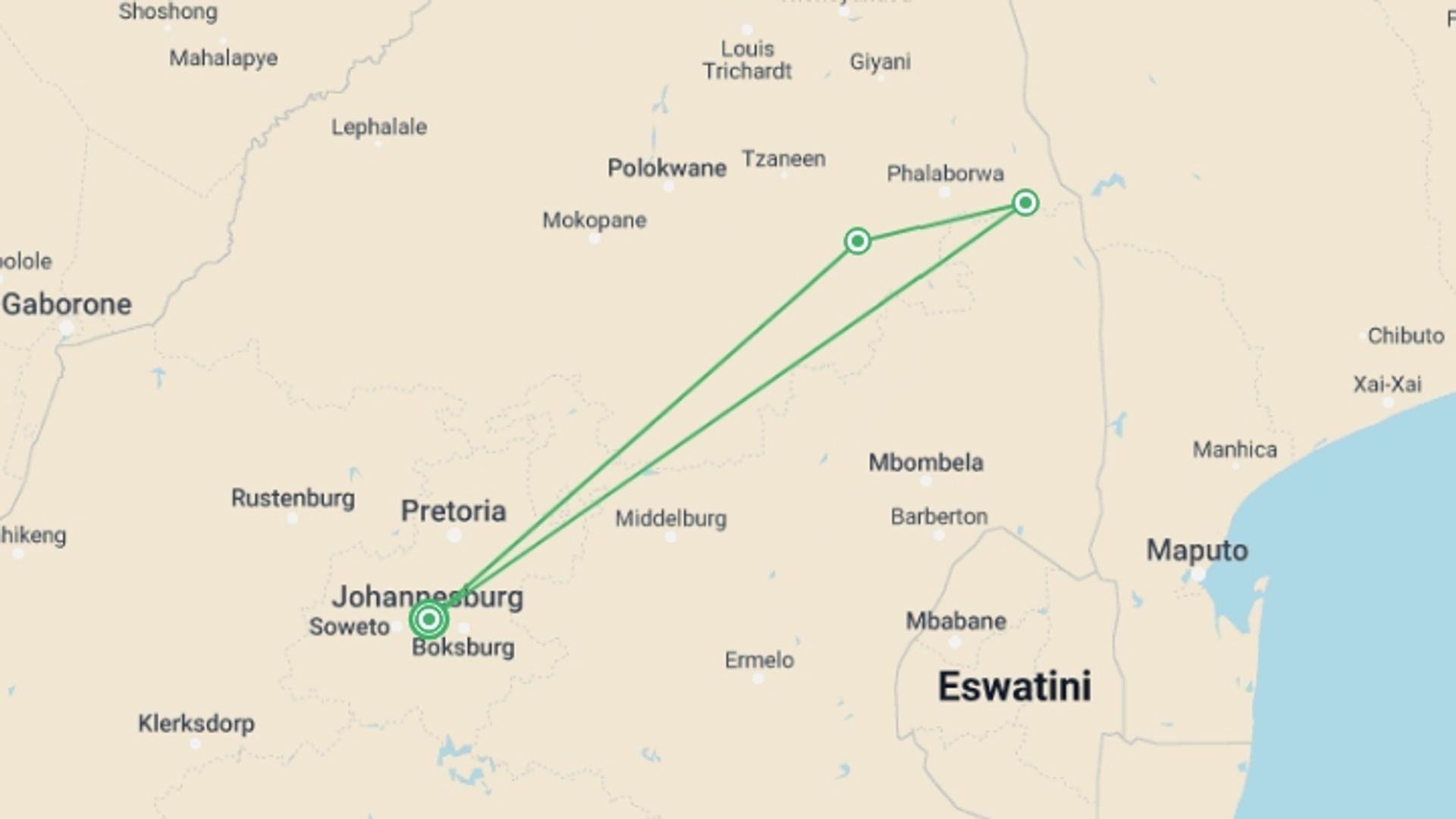 A map showing the tour itinerary for the trip: Journeys: Explore Kruger National Park, starting in Johannesburg, South Africa and ending in Johannesburg, South Africa going through 2 other destinations.