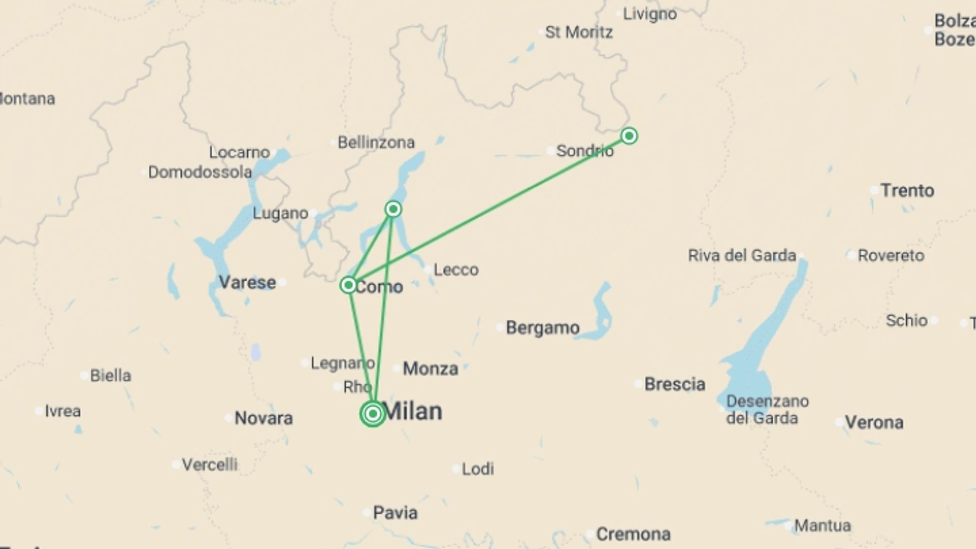 A map showing the tour itinerary for the trip: Lake Como & Bernina Express - 4 days, starting in Milan, Italy and ending in Milan, Italy going through 2 other destinations.