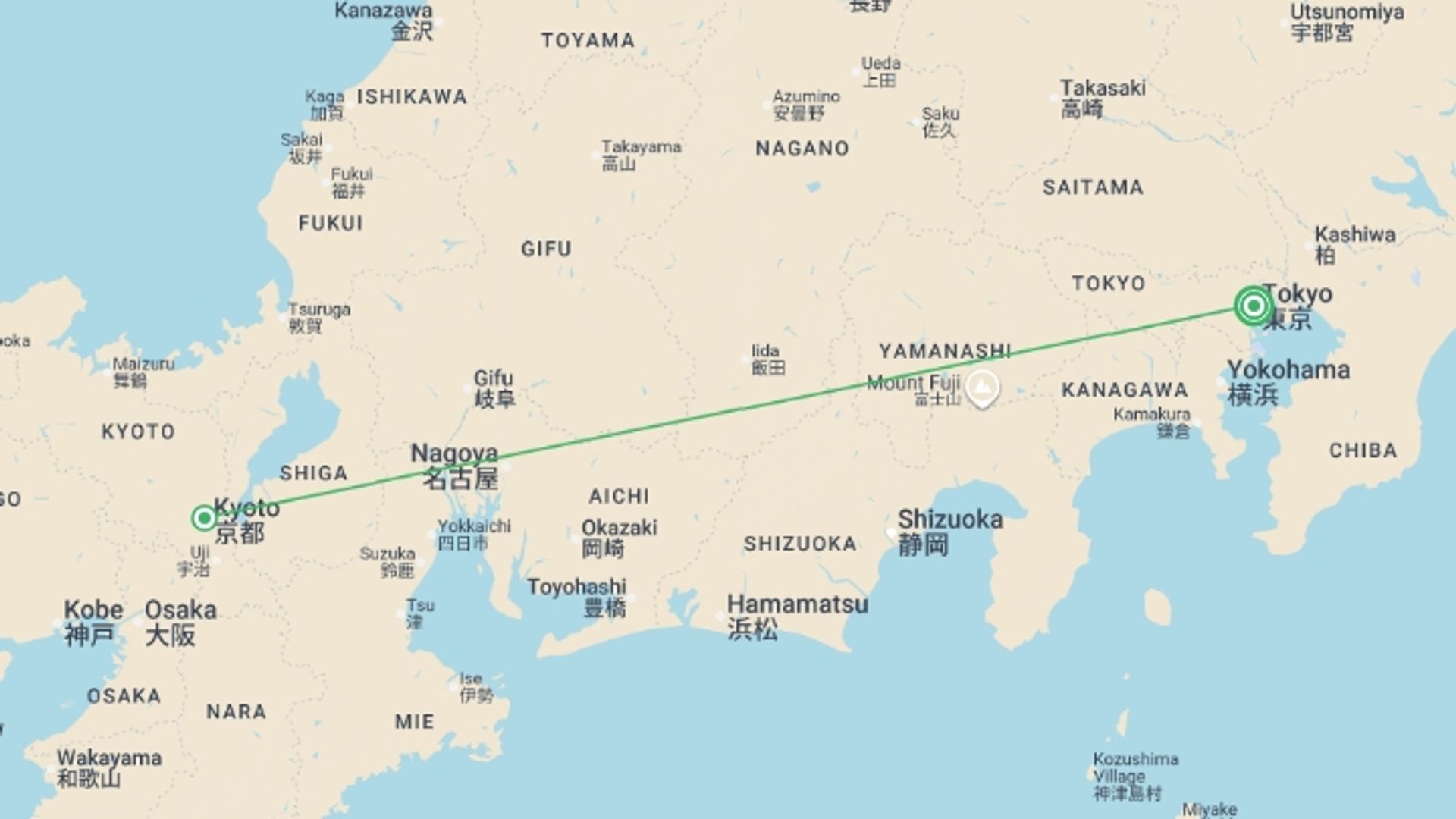 A map showing the tour itinerary for the trip: Tokyo, Kyoto & Nakasendo Route, starting in Tokyo, Japan and ending in Tokyo, Japan going through 1 other destinations.
