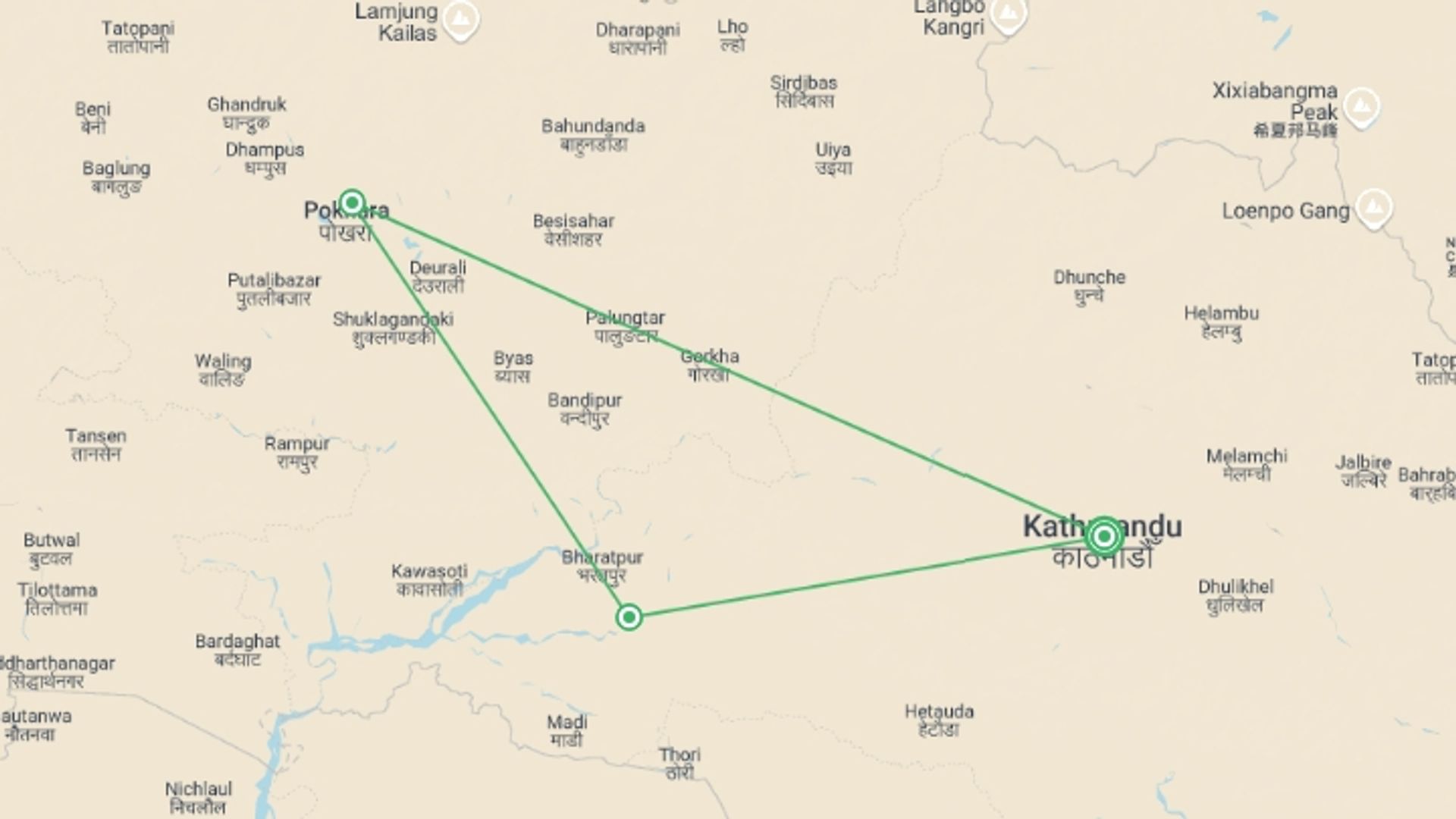 A map showing the tour itinerary for the trip: Tour of Kathmandu, Pokhara & Chitwan, starting in Kathmandu, Nepal and ending in Kathmandu, Nepal going through 2 other destinations.