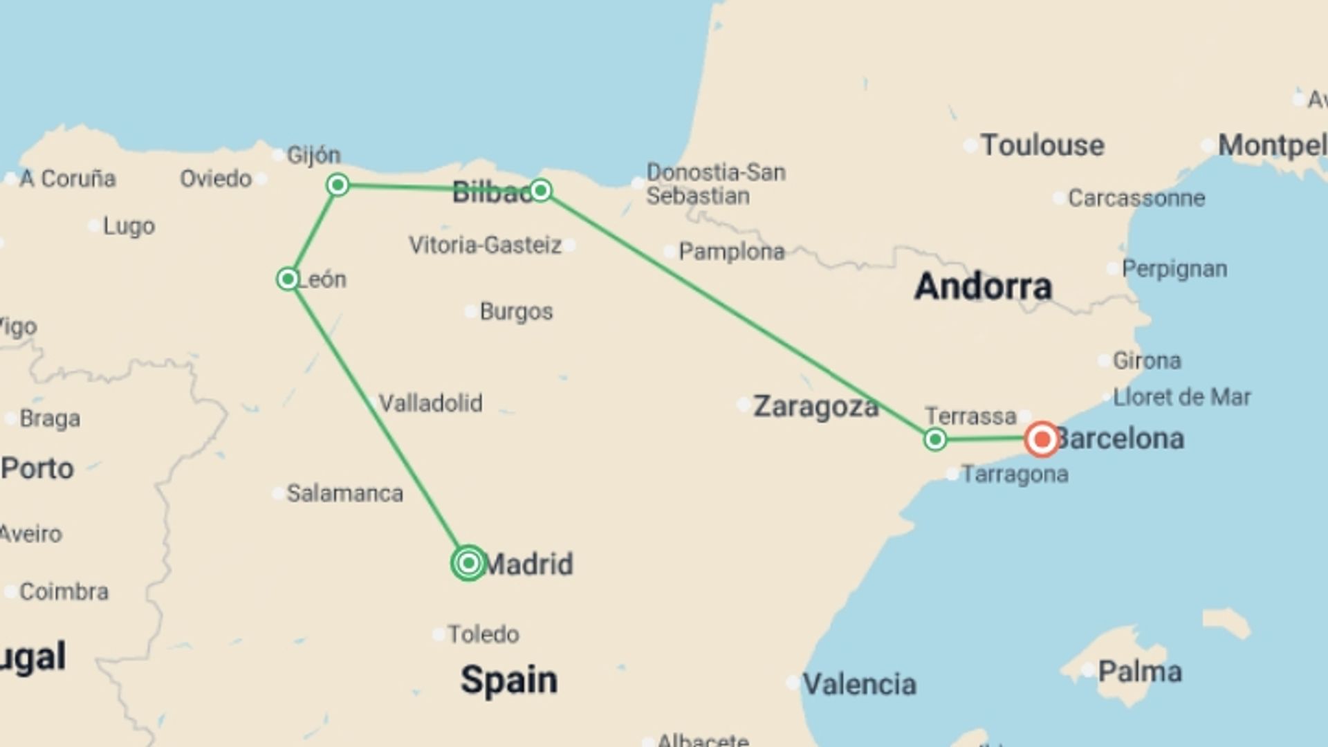 A map showing the tour itinerary for the trip: Spanish Bliss end Barcelona, starting in Madrid, Spain and ending in Barcelona, Spain going through 4 other destinations.