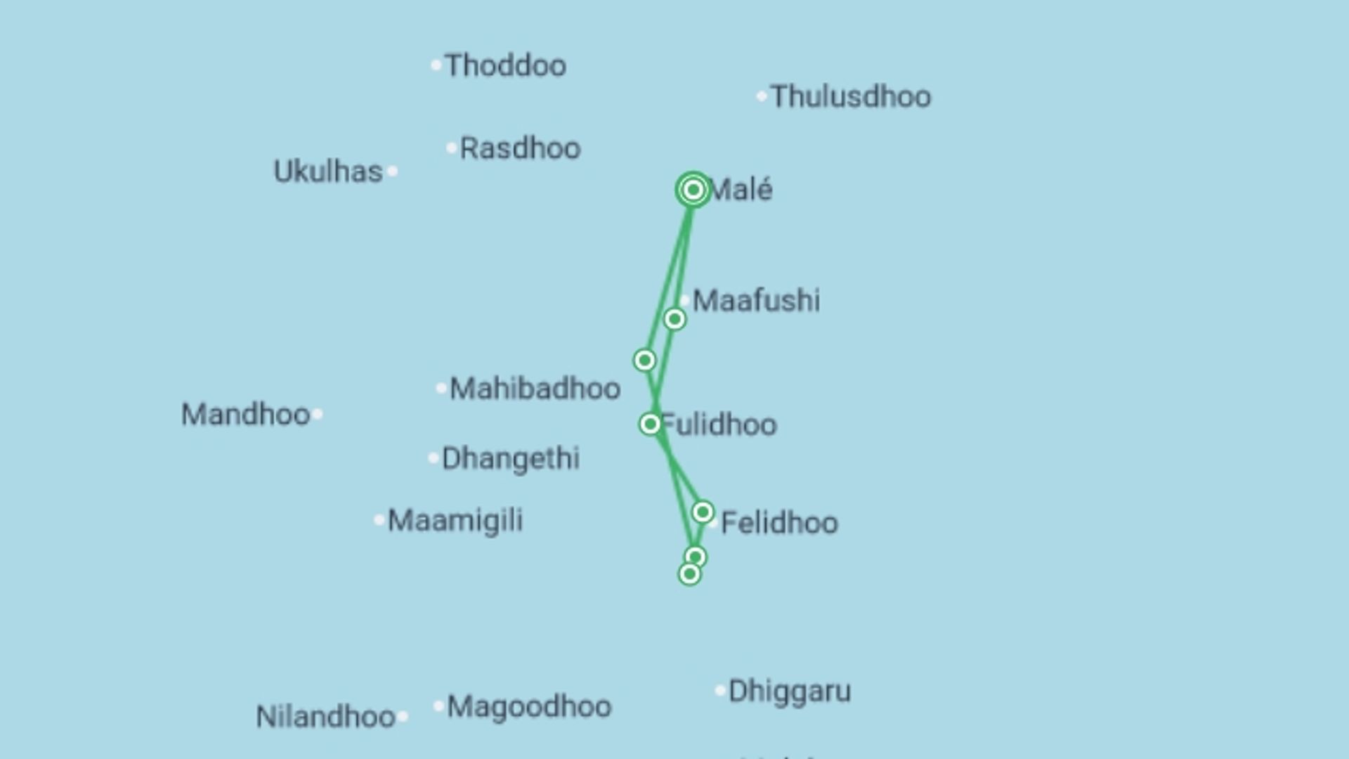 A map showing the tour itinerary for the trip: Sail Maldives, starting in Male, Maldives and ending in Male, Maldives going through 6 other destinations.