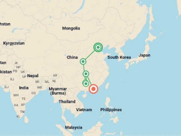 Map of Asia Tour with 7 destination visits for the trip: Grand China Circuit - 14 days