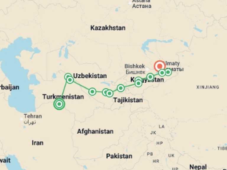 Map of Asia Tour with 13 destination visits for the trip: The Five Stans of the Silk Road - Ashgabat to Almaty