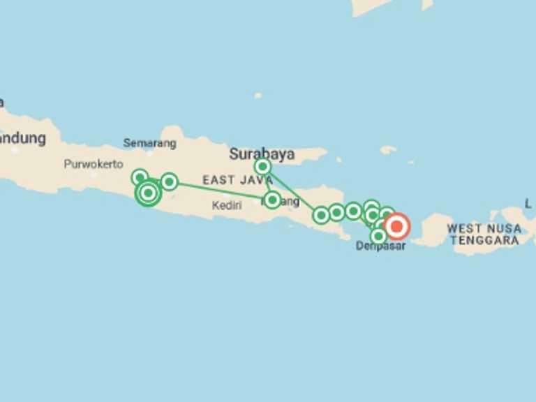 Map itinerary of Indonesia Tour in July 2027 with 15 destination visits for the trip: Indonesia: Java & Bali