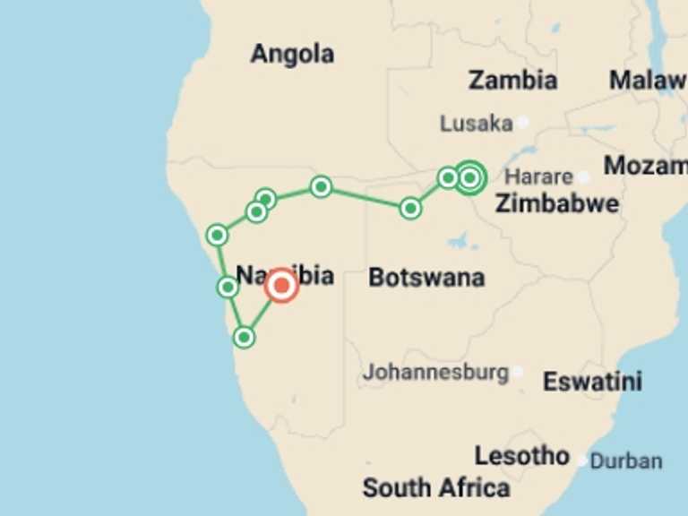 Map of Africa Wildlife safaris and game drives Tour with 10 destination visits for the trip: Southern African Desert Rivers and Wildlife (VFA to WDH)