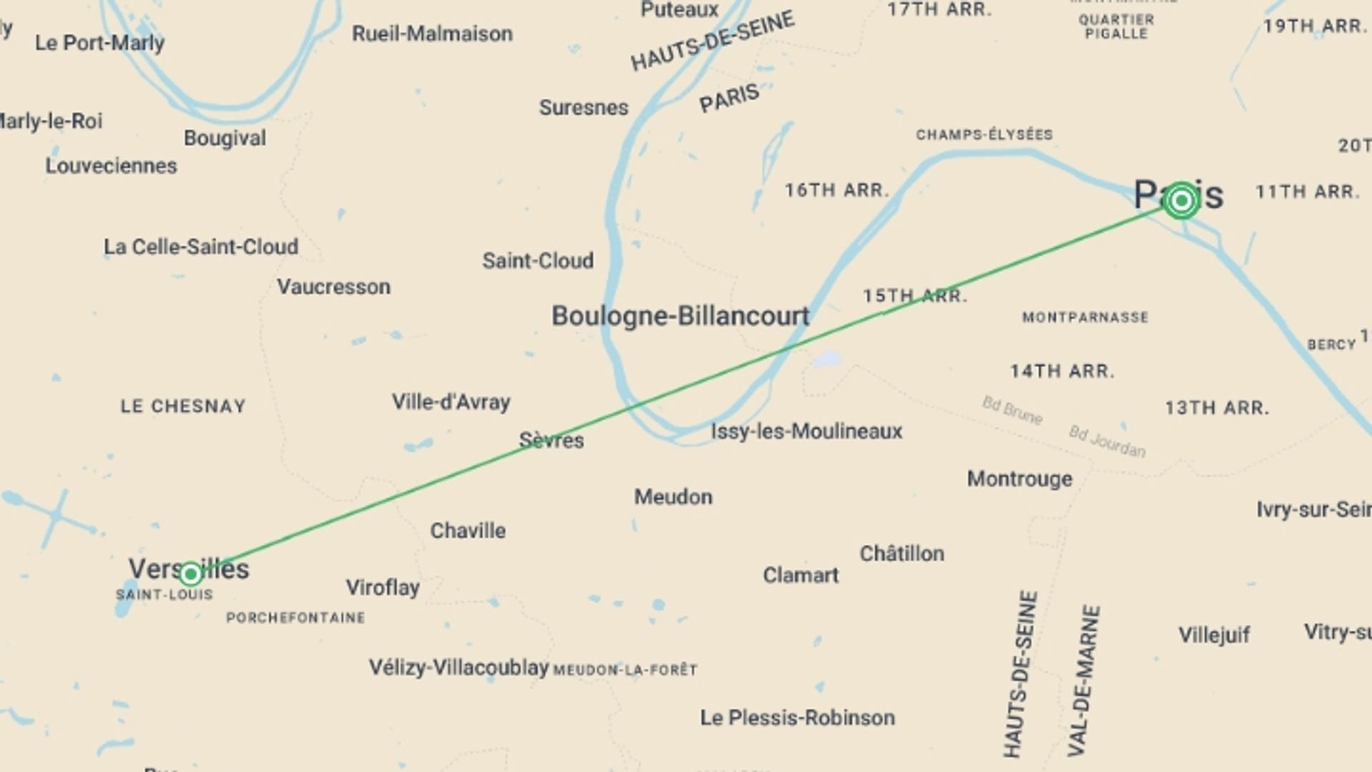 A map showing the tour itinerary for the trip: Highlights of Paris & Versailles - 5 days, starting in Paris, France and ending in Paris, France going through 1 other destinations.