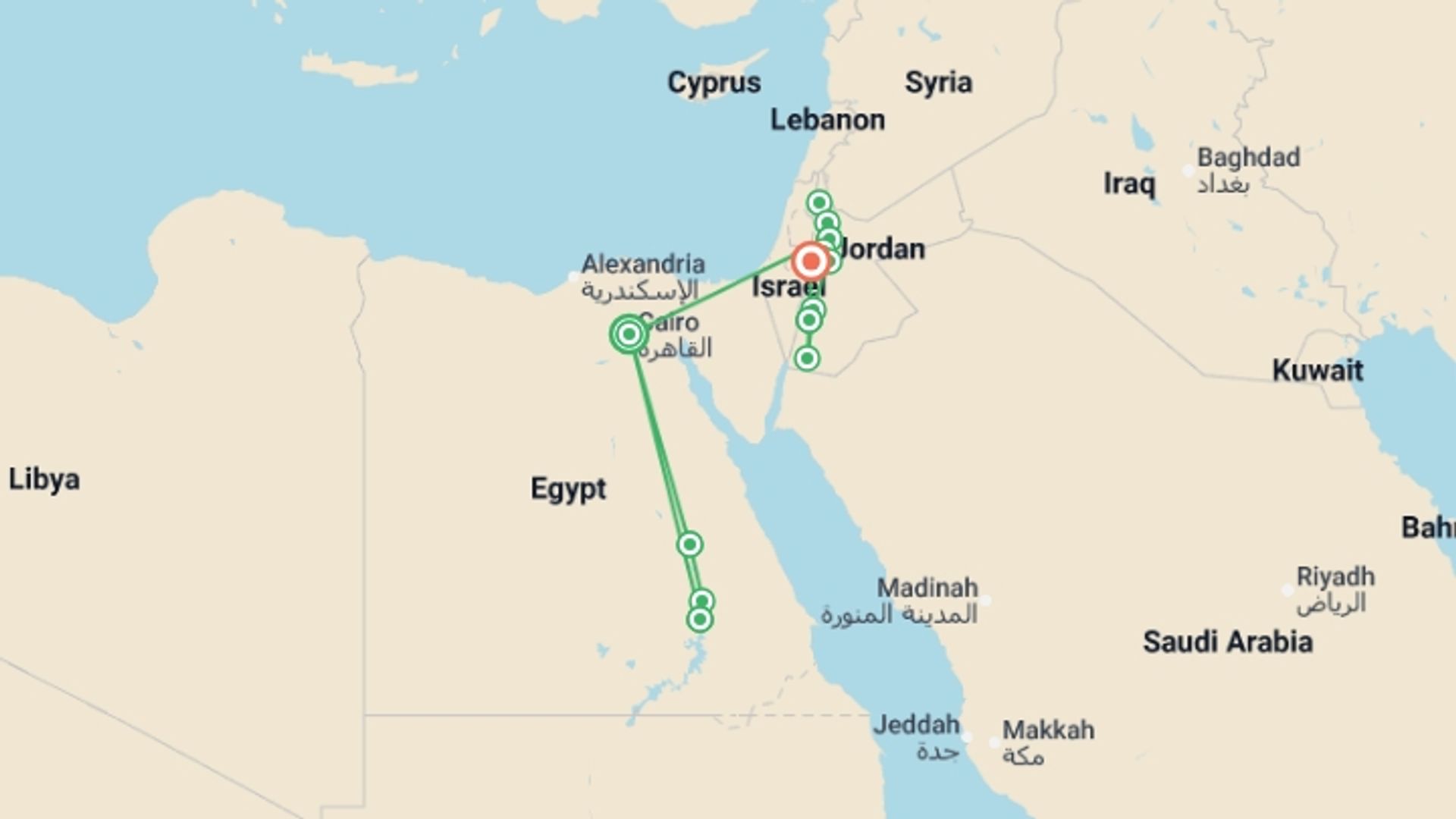 A map showing the tour itinerary for the trip: Budget Egypt & Totally Jordan - 14 days, starting in Cairo, Egypt and ending in Dead Sea, Jordan going through 5 other destinations.