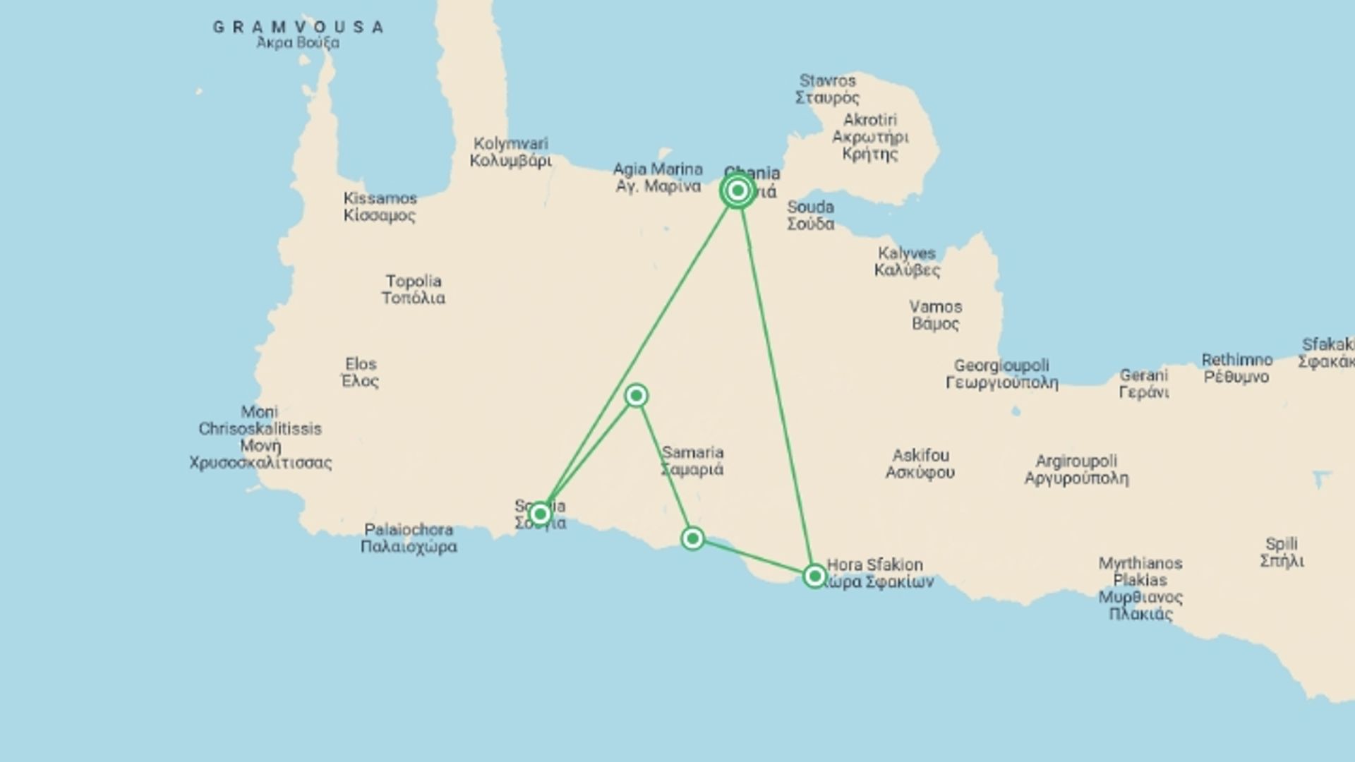 A map showing the tour itinerary for the trip: Crete: Mountains and Coast Guided Walk, starting in Chania, Greece and ending in Chania, Greece going through 4 other destinations.
