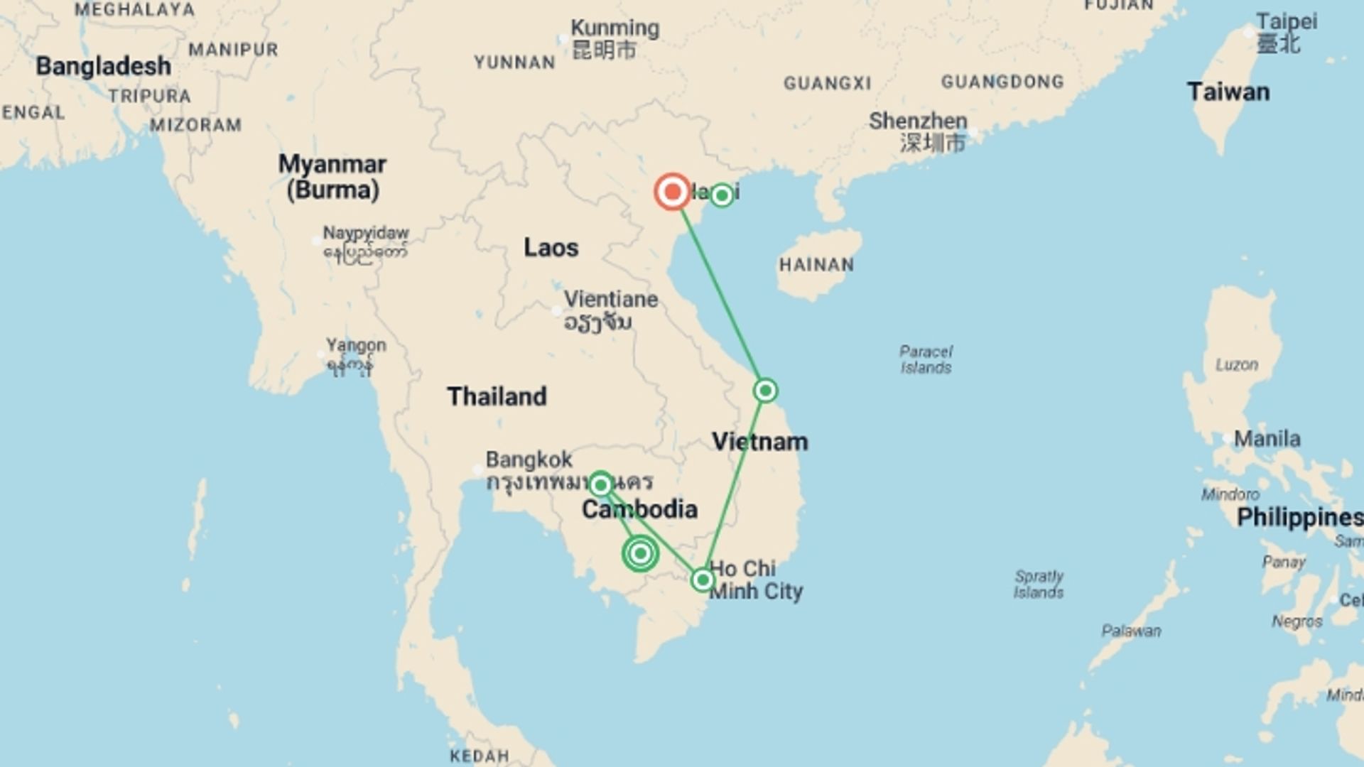 A map showing the tour itinerary for the trip: Cambodia & Vietnam Discovery, starting in Phnom Penh, Cambodia and ending in Hanoi, Vietnam going through 5 other destinations.