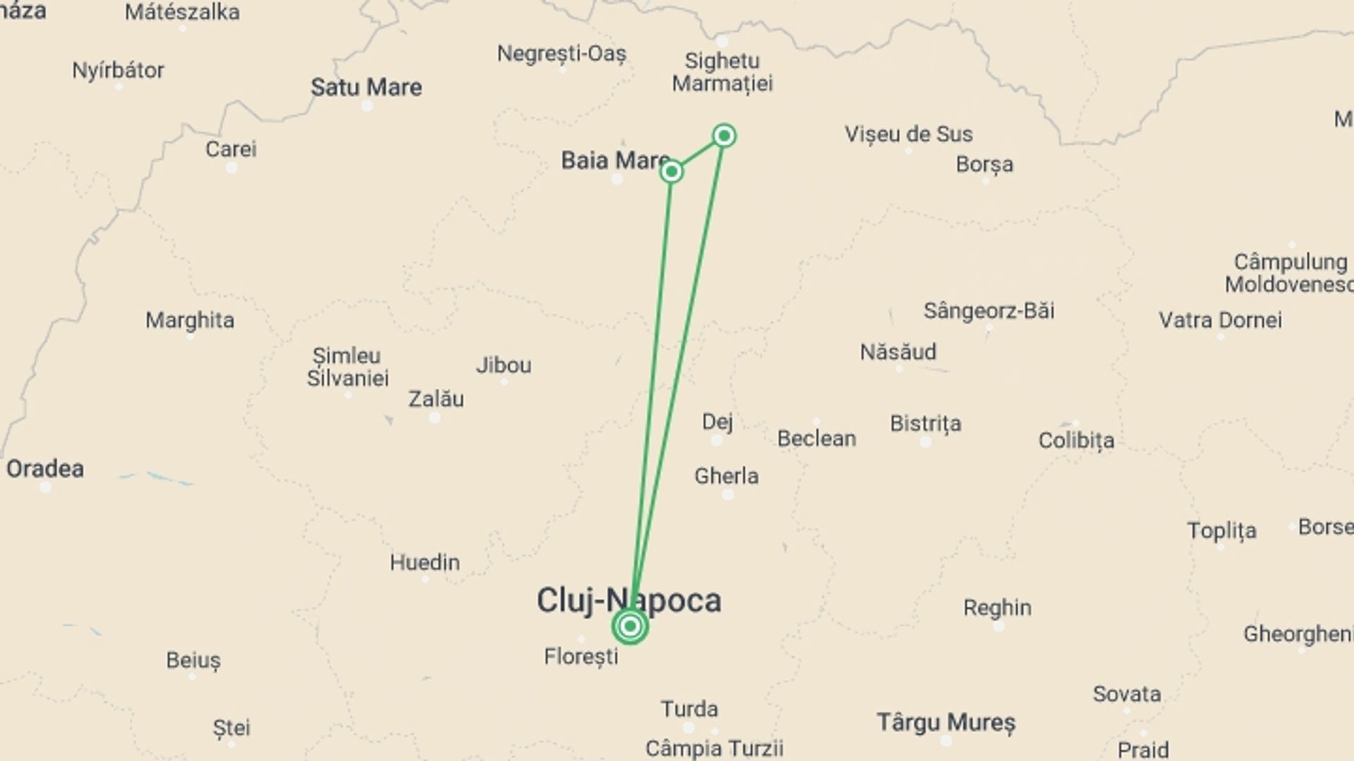 A map showing the tour itinerary for the trip: Two days tour to Maramures from Cluj-Napoca, starting in Cluj-napoca, Romania and ending in Cluj-napoca, Romania going through 2 other destinations.