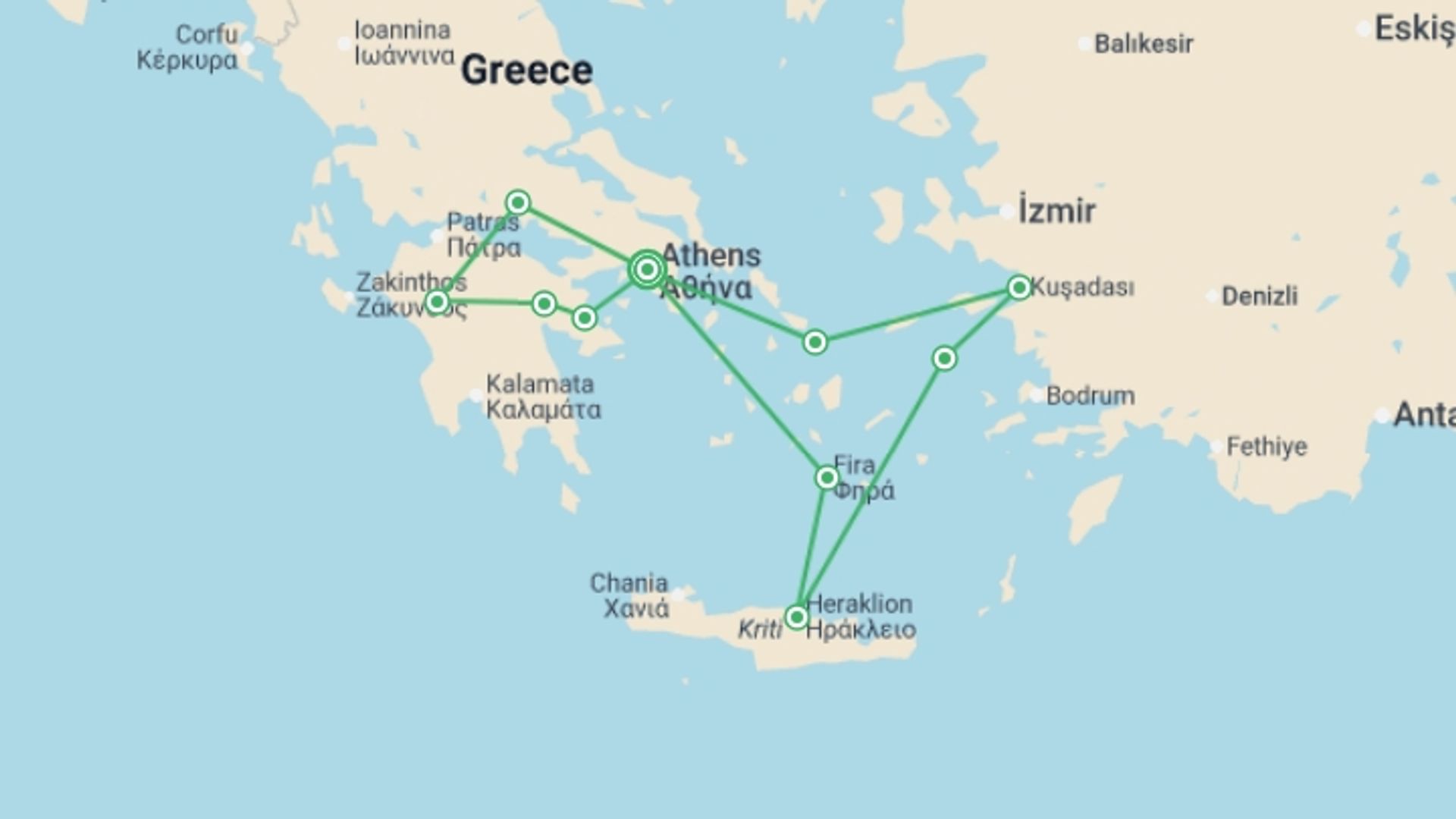 A map showing the tour itinerary for the trip: Gems of Greece & Aegean Cruise - 9 days, starting in Athens, Greece and ending in Athens, Greece going through 5 other destinations.