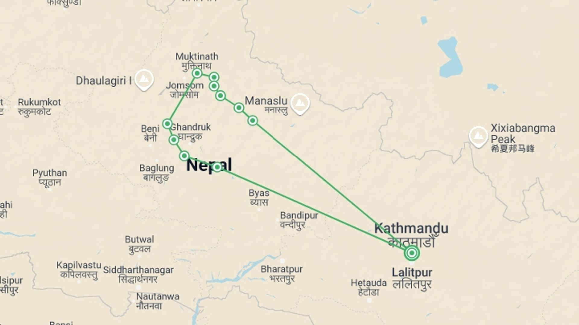 A map showing the tour itinerary for the trip: Annapurna Circuit Trek, starting in Kathmandu, Nepal and ending in Kathmandu, Nepal going through 10 other destinations.
