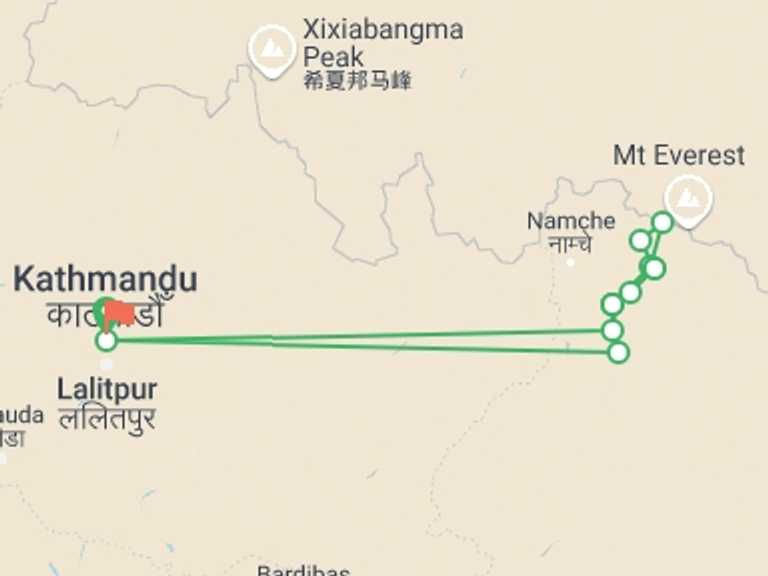 Map itinerary of Everest Base Camp trek Tour in November 2026 with 10 destination visits for the trip: Everest Base Camp Trek
