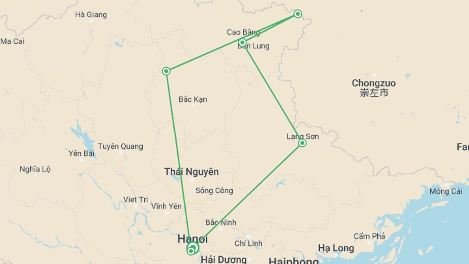 A map showing the tour itinerary for the trip: Group Tour From Hanoi - Ban Gioc Waterfall And Ba Be Lake 3 Days, starting in Hanoi, Vietnam and ending in Hanoi, Vietnam going through 4 other destinations.