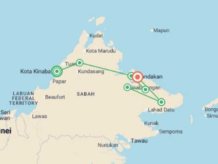 Map of Asia Tour with 7 destination visits for the trip: Borneo Sabah Wildlife Highlights