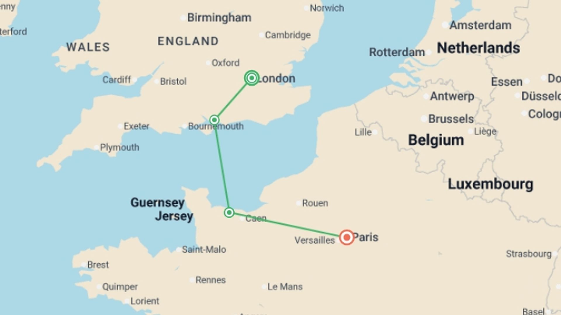 A map showing the tour itinerary for the trip: Signature: The Legacy of WWII in London & Normandy, starting in London, England and ending in Paris, France going through 2 other destinations.