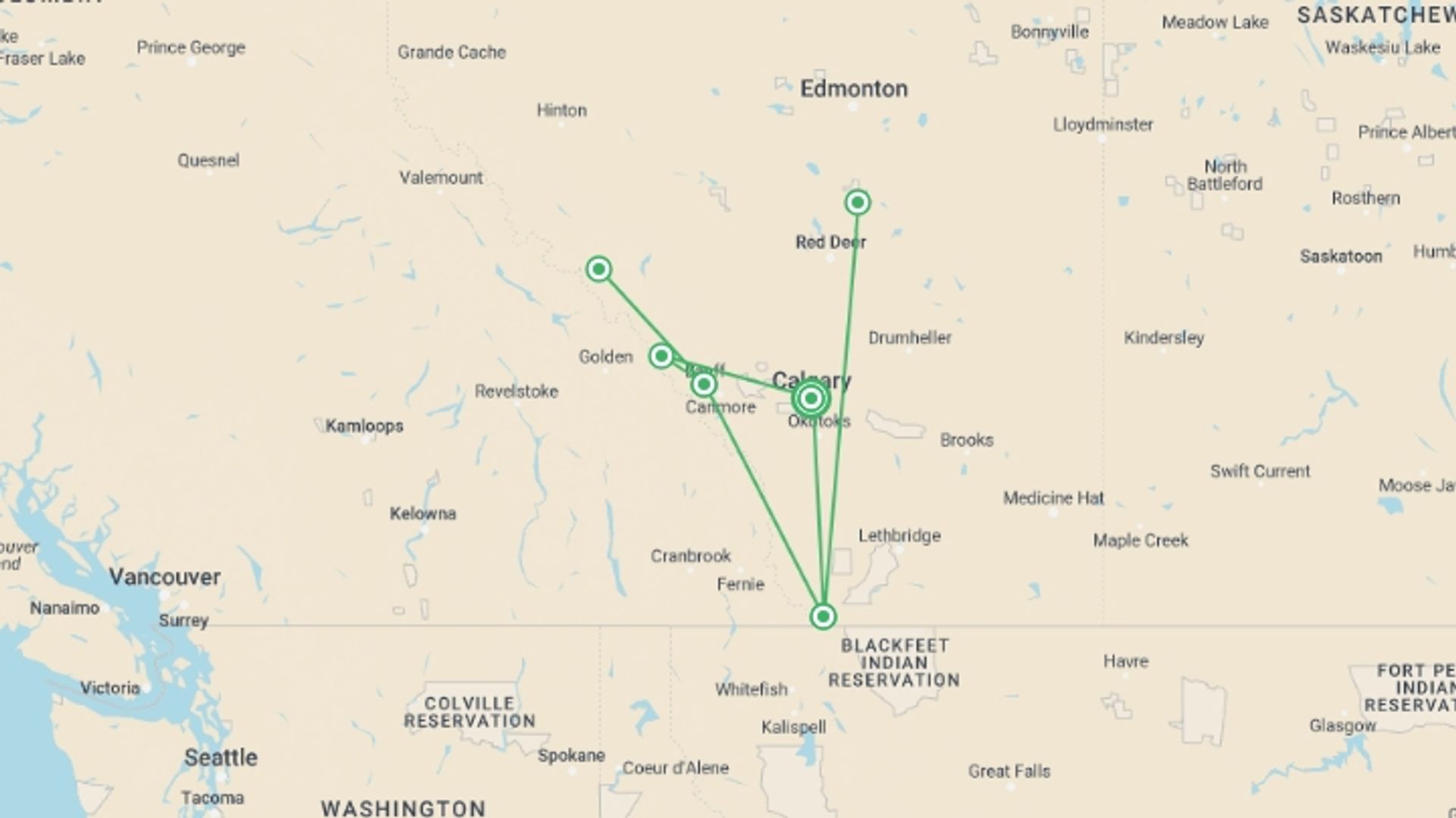 A map showing the tour itinerary for the trip: Canadian Rockies & Glacier National , starting in Calgary, Canada and ending in Calgary, Canada going through 0 other destinations.