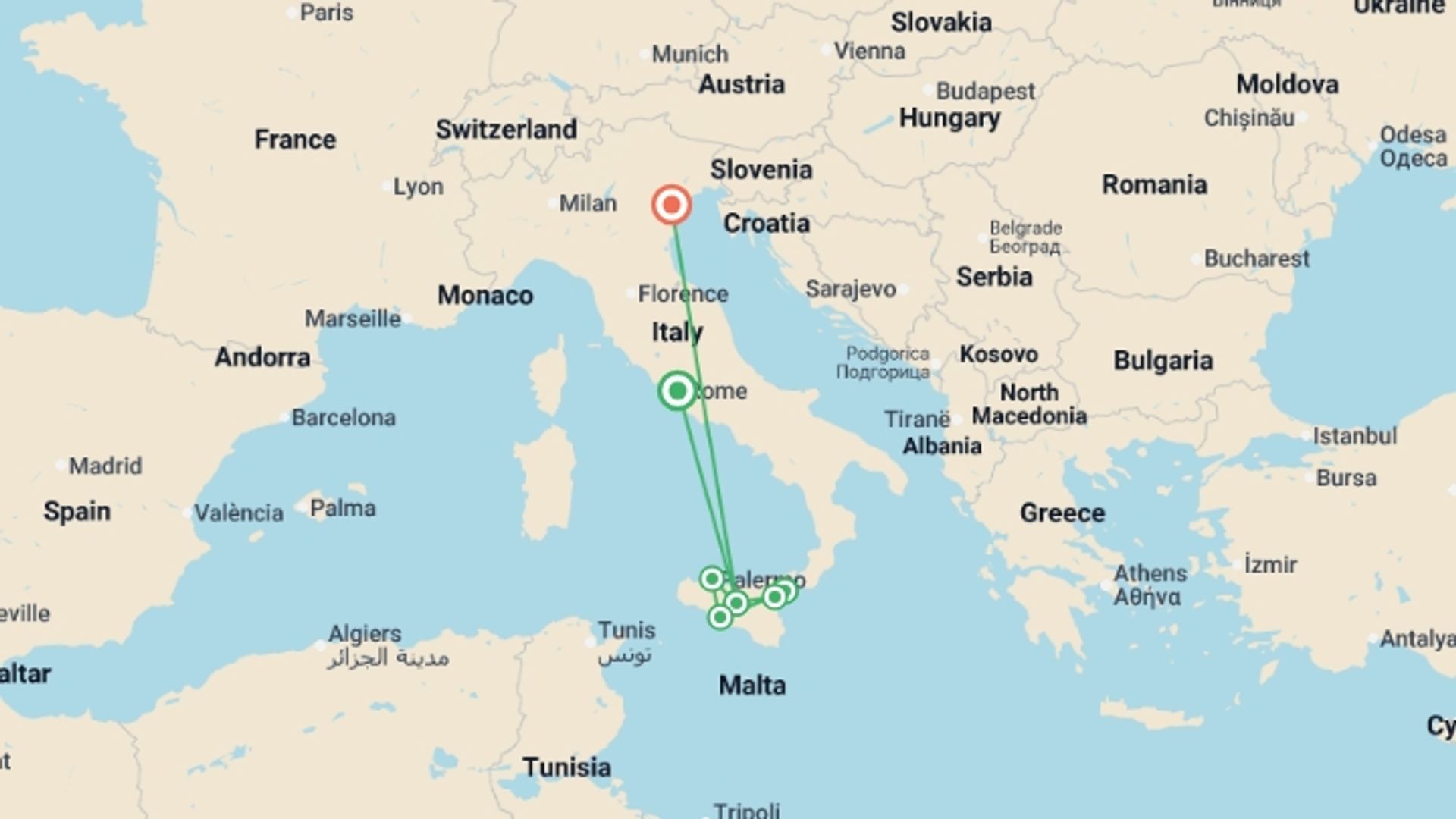 A map showing the tour itinerary for the trip: Signature Sicily, starting in Rome, Italy and ending in Venice, Italy going through 5 other destinations.