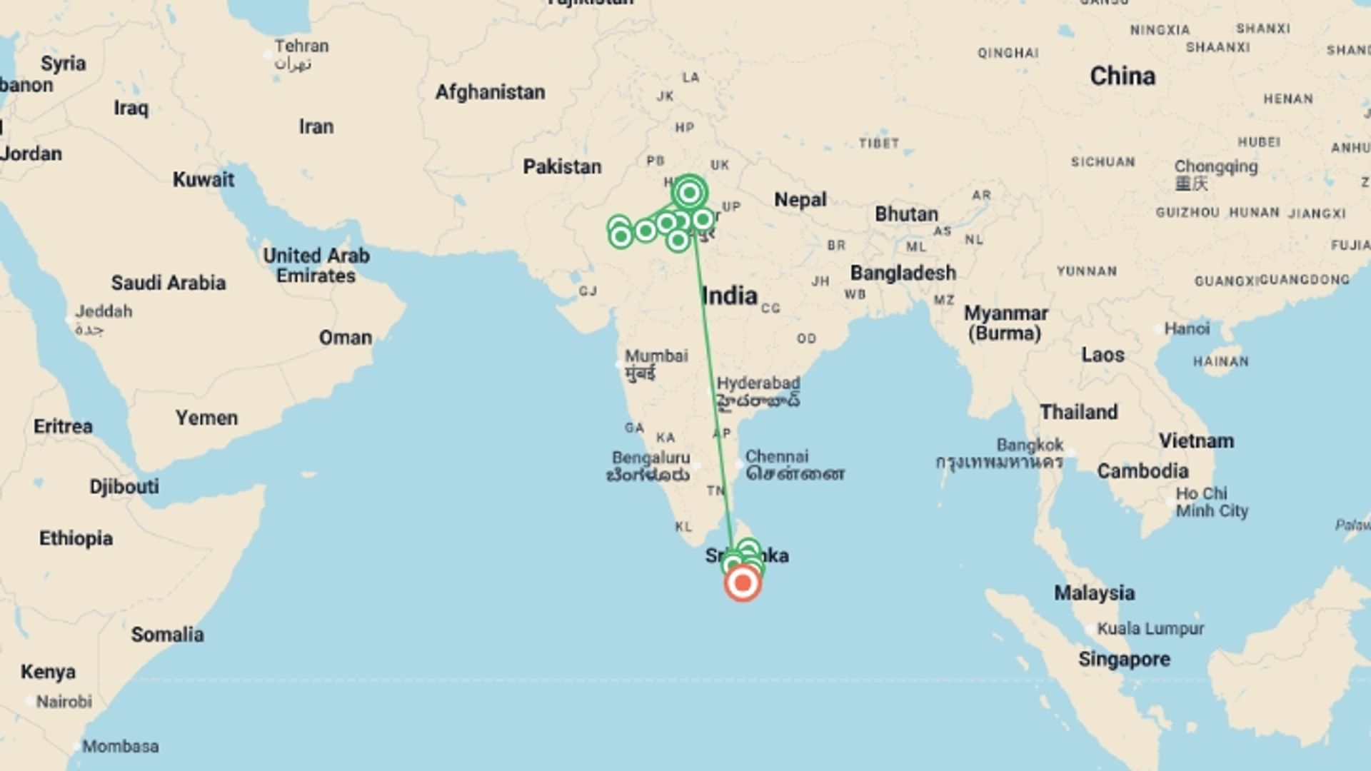 A map showing the tour itinerary for the trip: North India & Sri Lanka Youth Adventure  - 24 days, starting in New Delhi, India and ending in Mirissa, Sri Lanka going through 12 other destinations.