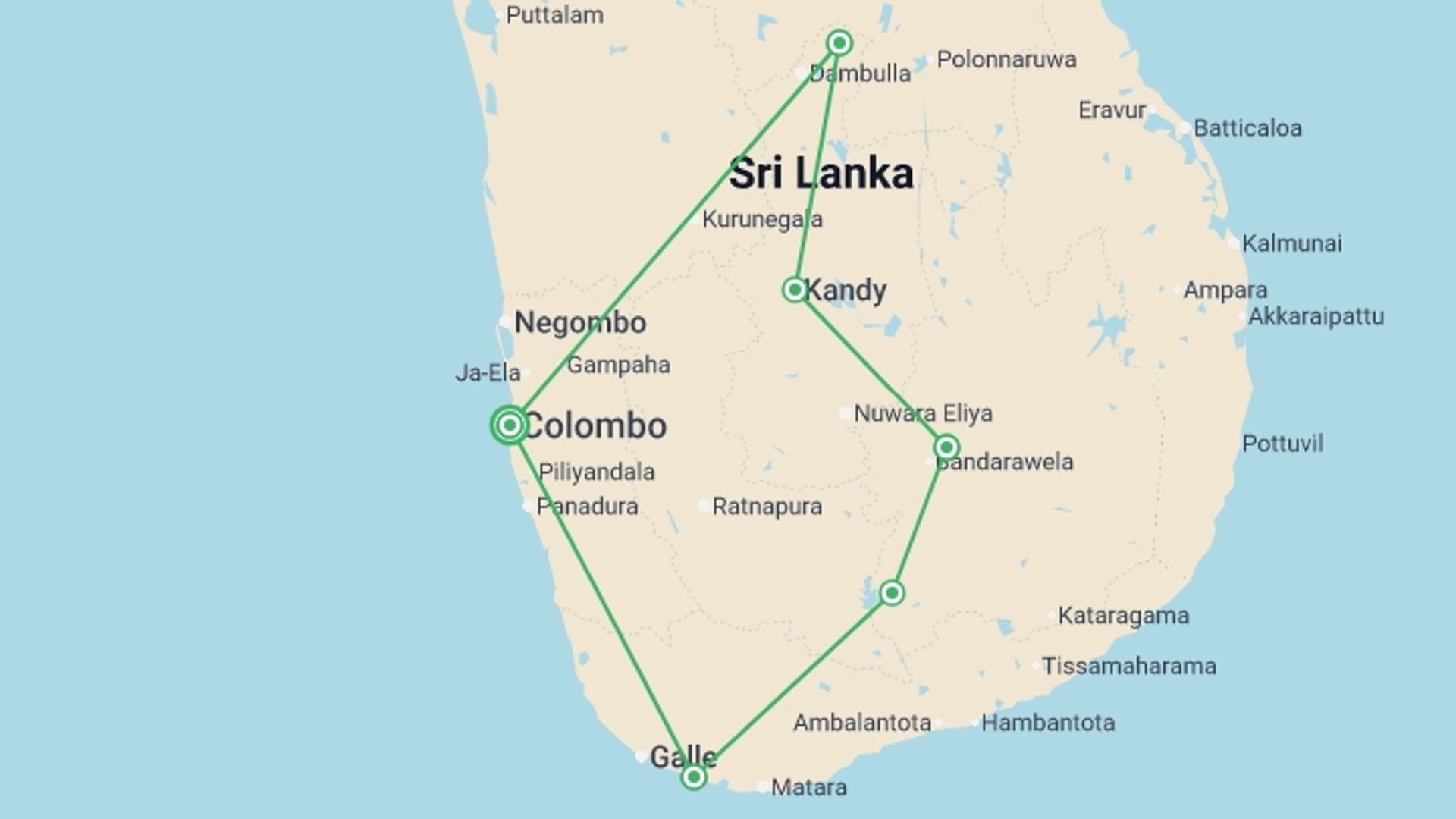 A map showing the tour itinerary for the trip: Best of Sri Lanka, starting in Colombo, Sri Lanka and ending in Colombo, Sri Lanka going through 6 other destinations.