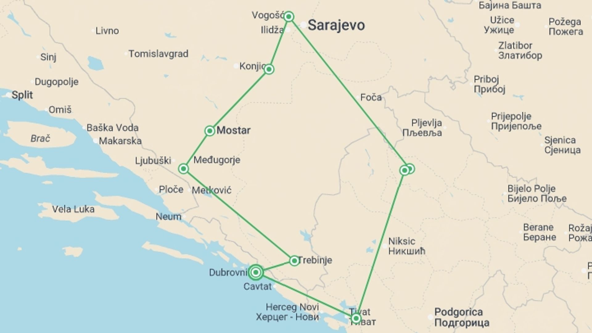 A map showing the tour itinerary for the trip: Bosnia & Beyond, starting in Dubrovnik, Croatia and ending in Dubrovnik, Croatia going through 8 other destinations.