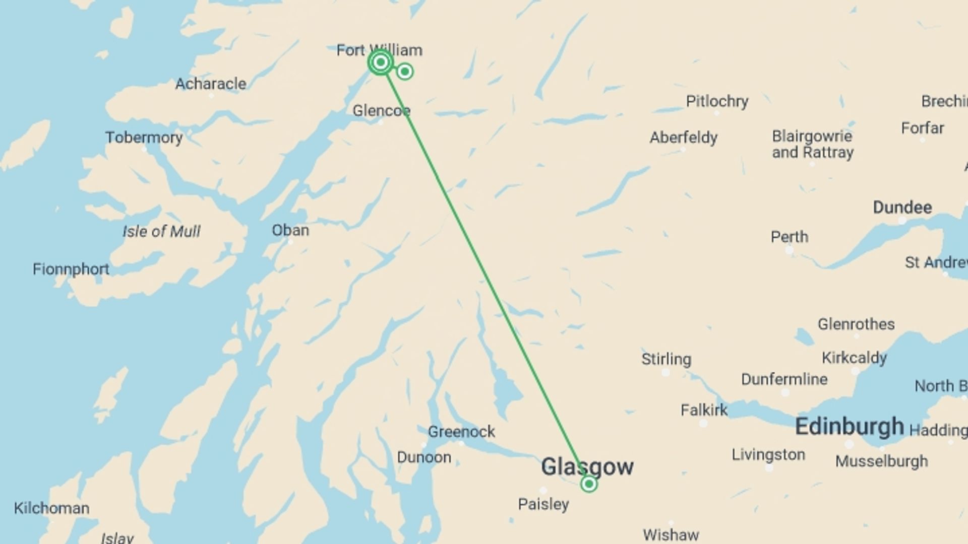 A map showing the tour itinerary for the trip: Classic Walks of Scotland, starting in Fort William, Scotland and ending in Fort William, Scotland going through 2 other destinations.