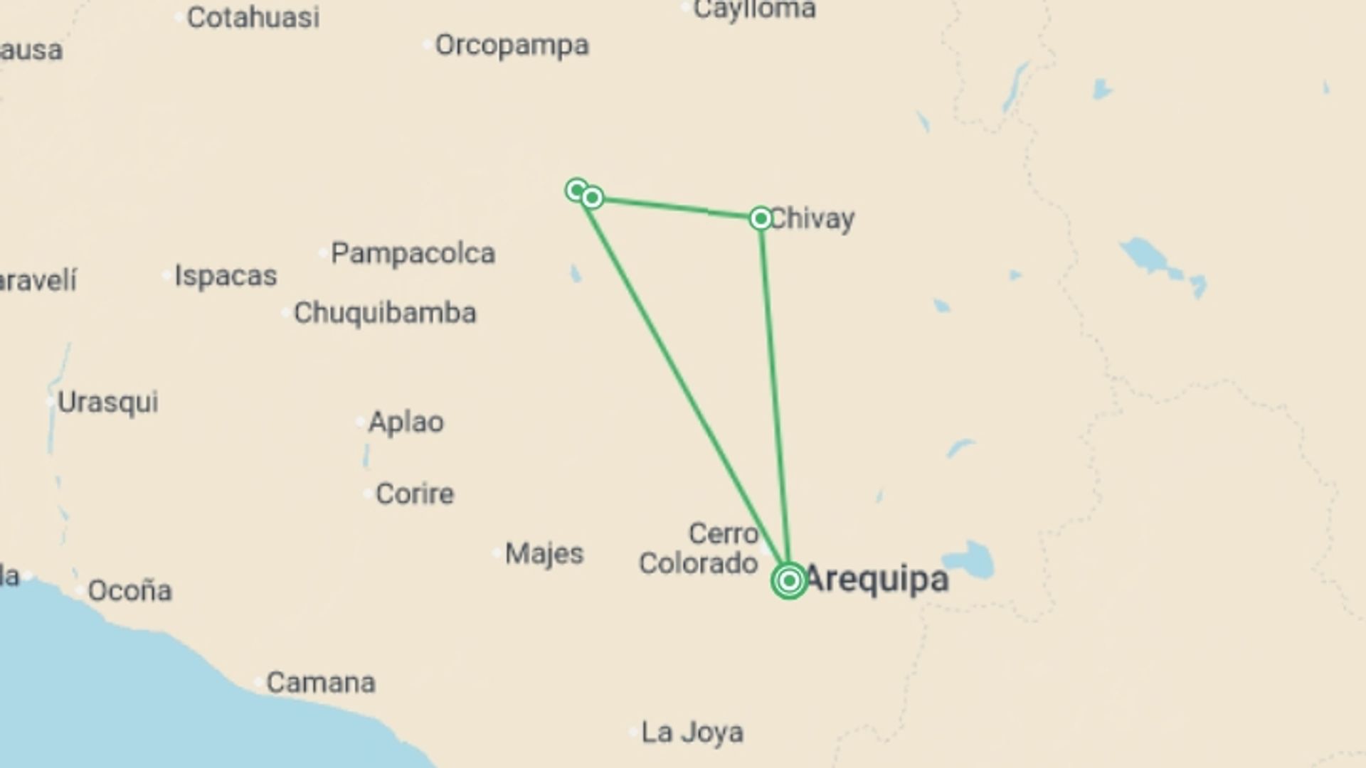 A map showing the tour itinerary for the trip: Colca Canyon Trekking 3D/2N, starting in Arequipa, Peru and ending in Arequipa, Peru going through 2 other destinations.