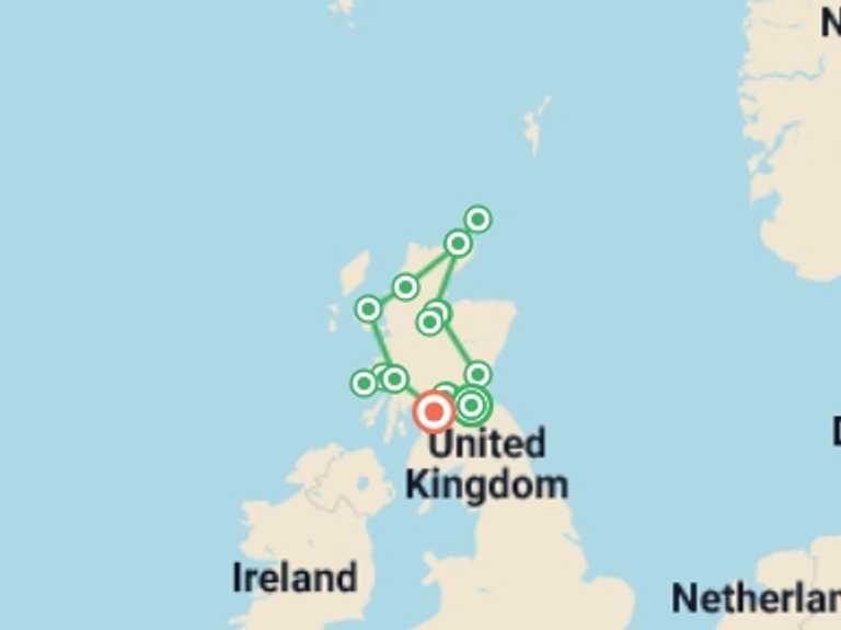 Map of Scotland Tour with 7 destination visits for the trip: Scotland's Highlands, Islands and Cities