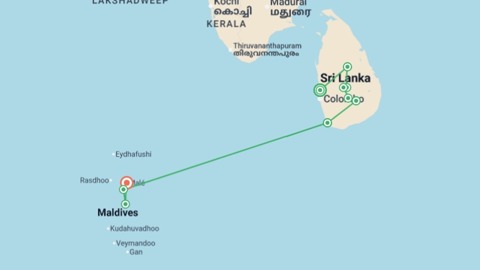 A map showing the tour itinerary for the trip: Sri Lanka with Maldives Cruise: Spice Gardens & Seasides, starting in Negombo, Sri Lanka and ending in Male, Maldives going through 8 other destinations.