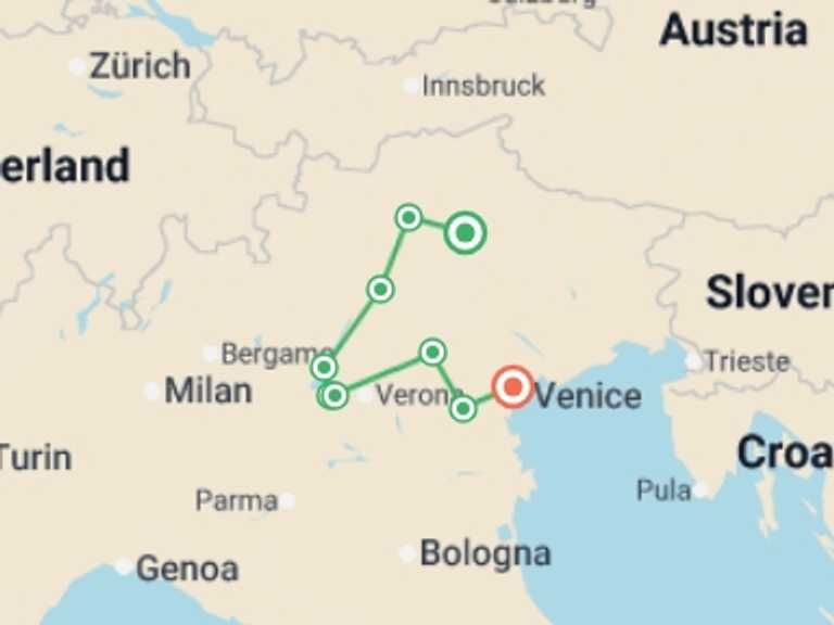 Map itinerary of Italy Tour in June 2026 with 10 destination visits for the trip: Backroads to Venice
