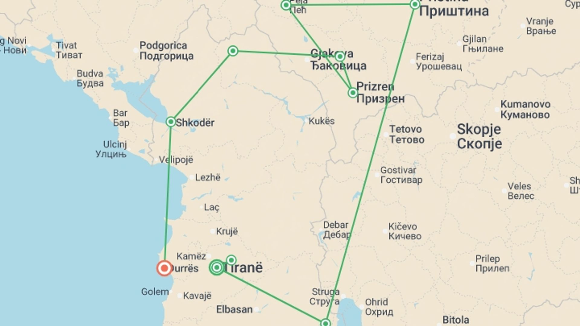 A map showing the tour itinerary for the trip: Undiscovered Balkans, starting in Tirana, Albania and ending in Durres, Albania going through 8 other destinations.