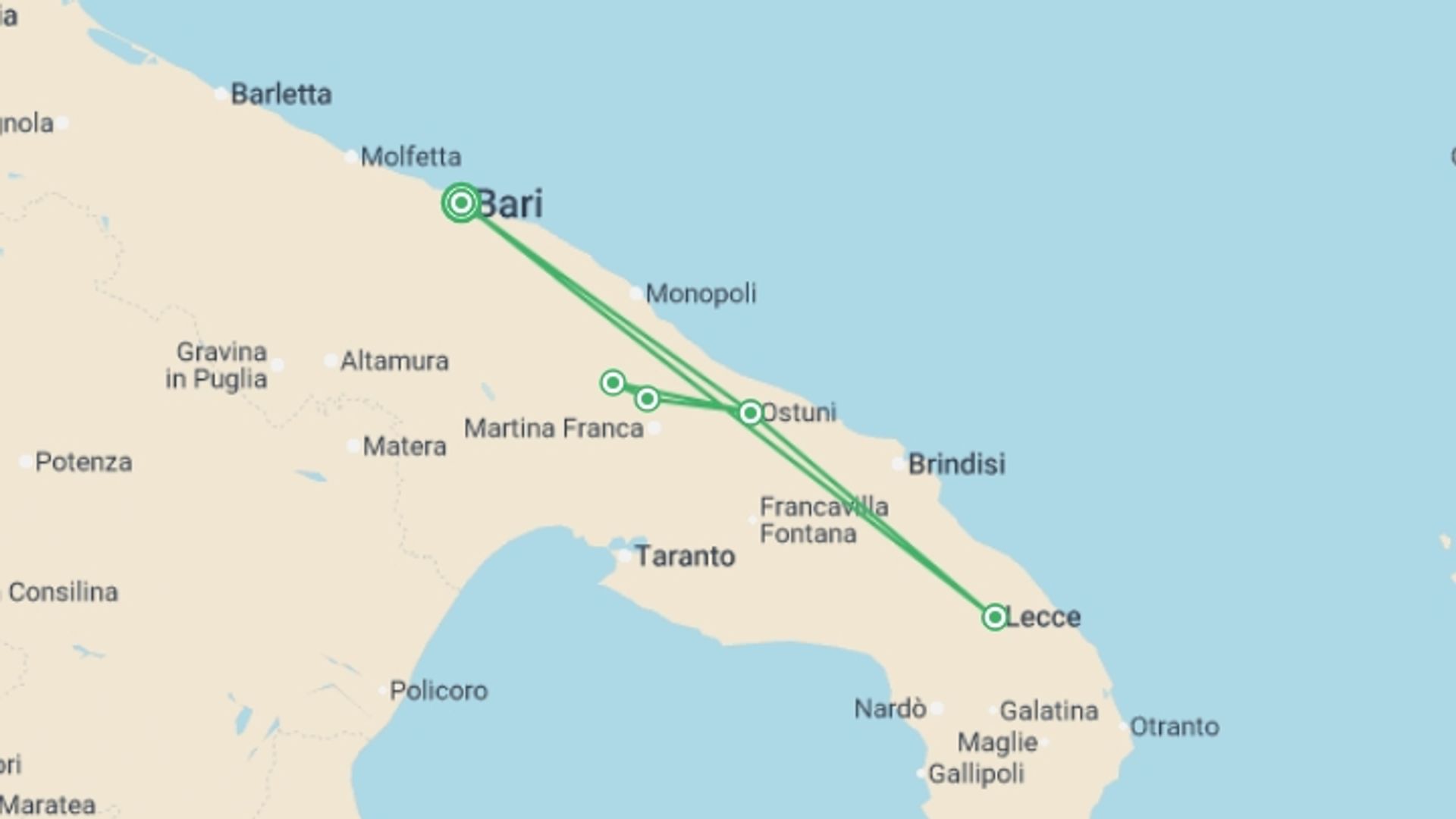 A map showing the tour itinerary for the trip: Puglia by Train - 7 days, starting in Bari, Italy and ending in Bari, Italy going through 2 other destinations.