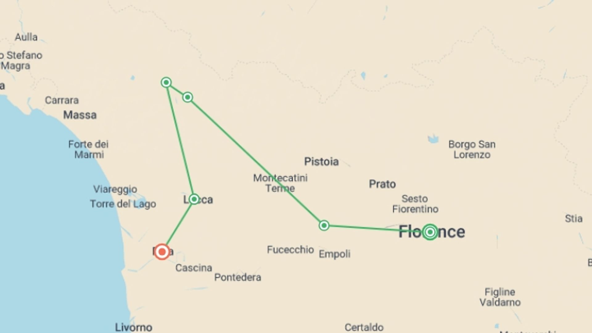 A map showing the tour itinerary for the trip: Cycle Tuscany, starting in Florence, Italy and ending in Pisa, Italy going through 4 other destinations.