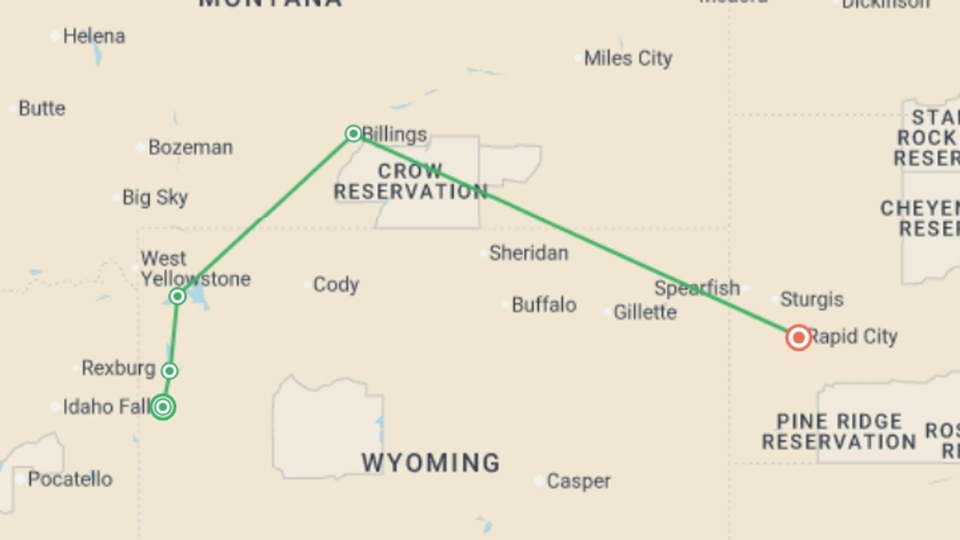 A map showing the tour itinerary for the trip: National Park Wonders, starting in Jackson, USA and ending in Rapid City, USA going through 4 other destinations.