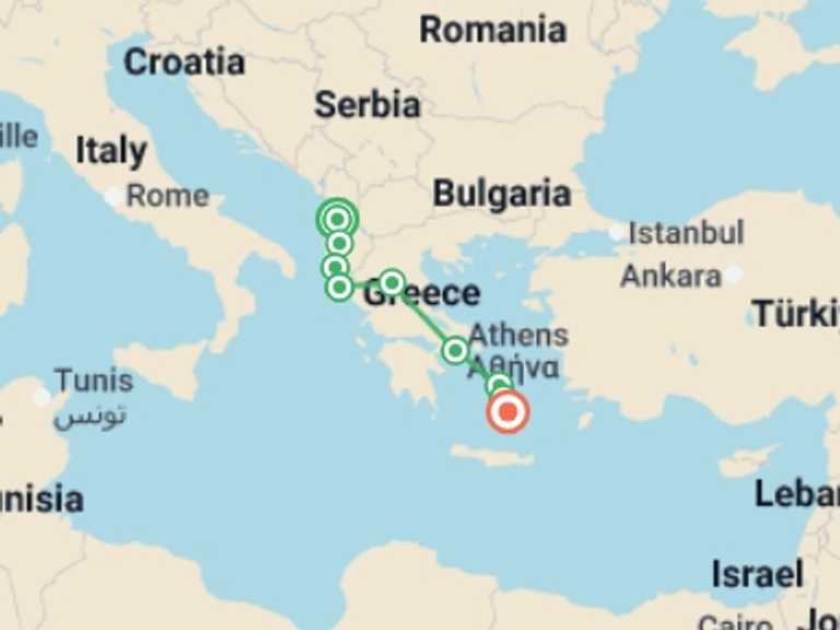 Map of Tirana Explorer Tour with 9 destination visits for the trip: Tirana to Santorini: The Albanian Riviera & Iconic Greek Islands