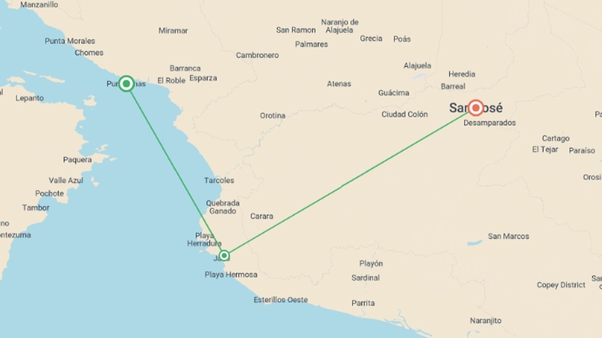 A map showing the tour itinerary for the trip: Jaco Beach, Short Break, starting in Punta Arenas, Costa Rica and ending in San Jose, Costa Rica going through 2 other destinations.