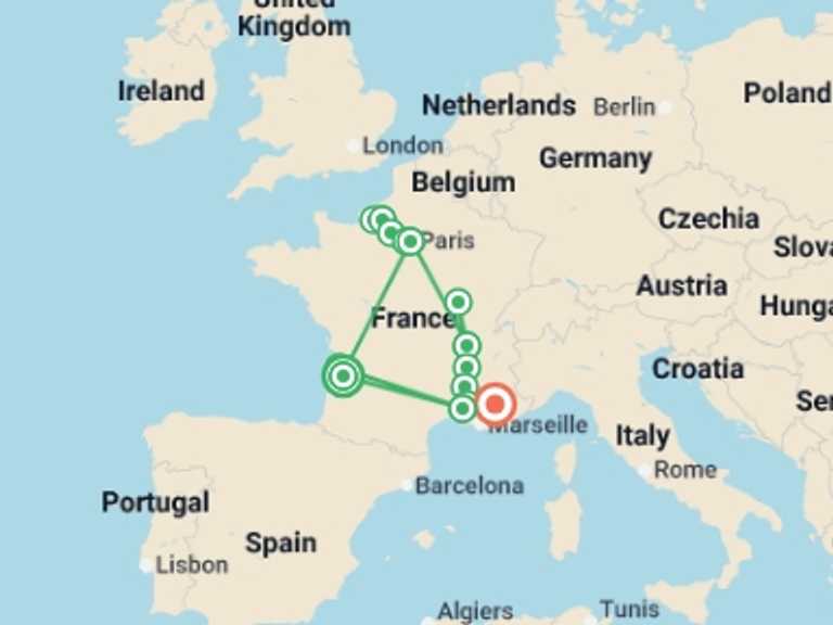 Map itinerary of Mediterranean Tour in March 2027 with 16 destination visits for the trip: Ultimate France (2027)