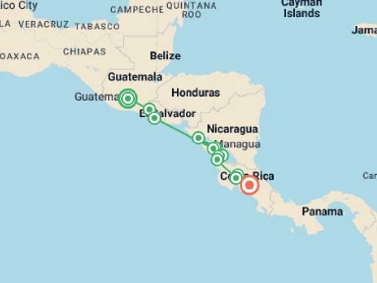 Map itinerary of North America Tour in February 2027 with 10 destination visits for the trip: Antigua to San Jose