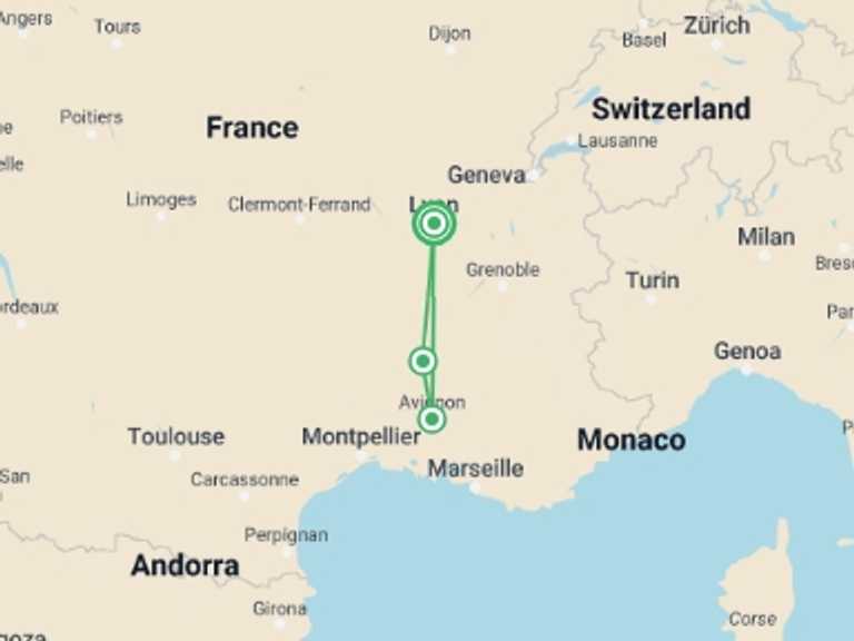 Map itinerary of France Tour in November 2026 with 3 destination visits for the trip: Fall Festival: Local History and Traditions on the Rhône River