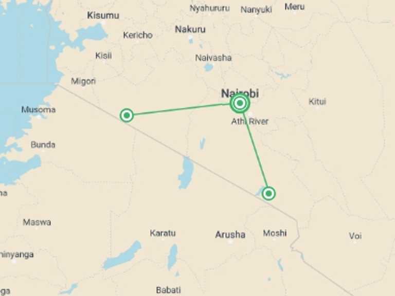 Map of Kenya Tour with 3 destination visits for the trip: Kenya Safari 35 to 45