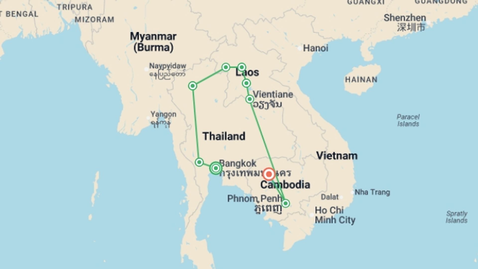 A map showing the tour itinerary for the trip: Thailand, Laos and Cambodia Adventure, starting in Bangkok, Thailand and ending in Siem Reap, Cambodia going through 7 other destinations.