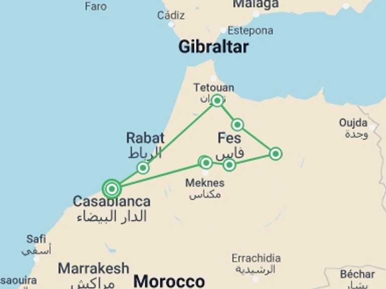 Map of Casablanca Cultural, religious and historic sites Tour with 6 destination visits for the trip: Womens Active Morocco Tour 
