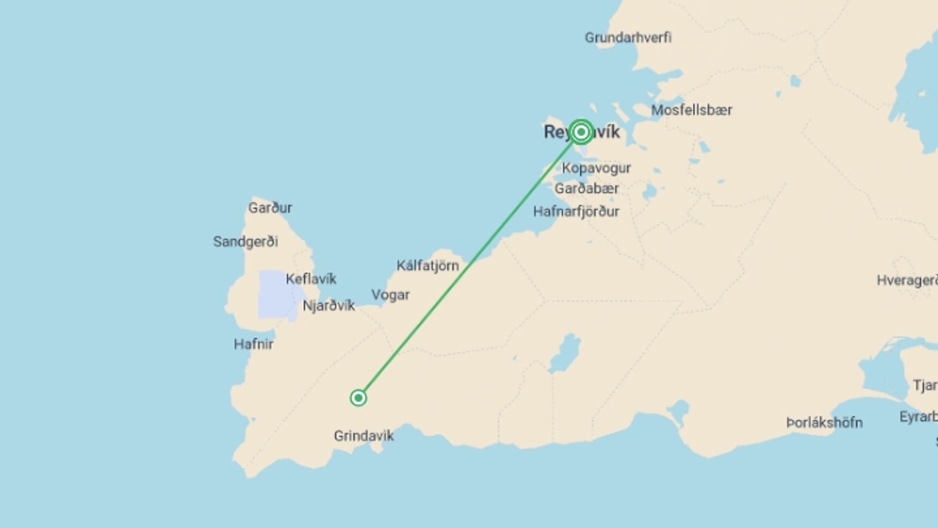 A map showing the tour itinerary for the trip: Reykjavik Iceland and Solar Eclipse Adventure at Sea, starting in Reykjavik, Iceland and ending in Reykjavik, Iceland going through 1 other destinations.