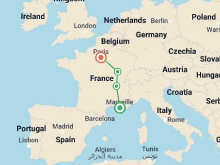 Map of 4-Day Paris Tour with 4 destination visits for the trip: Cote d Azur and Burgundy