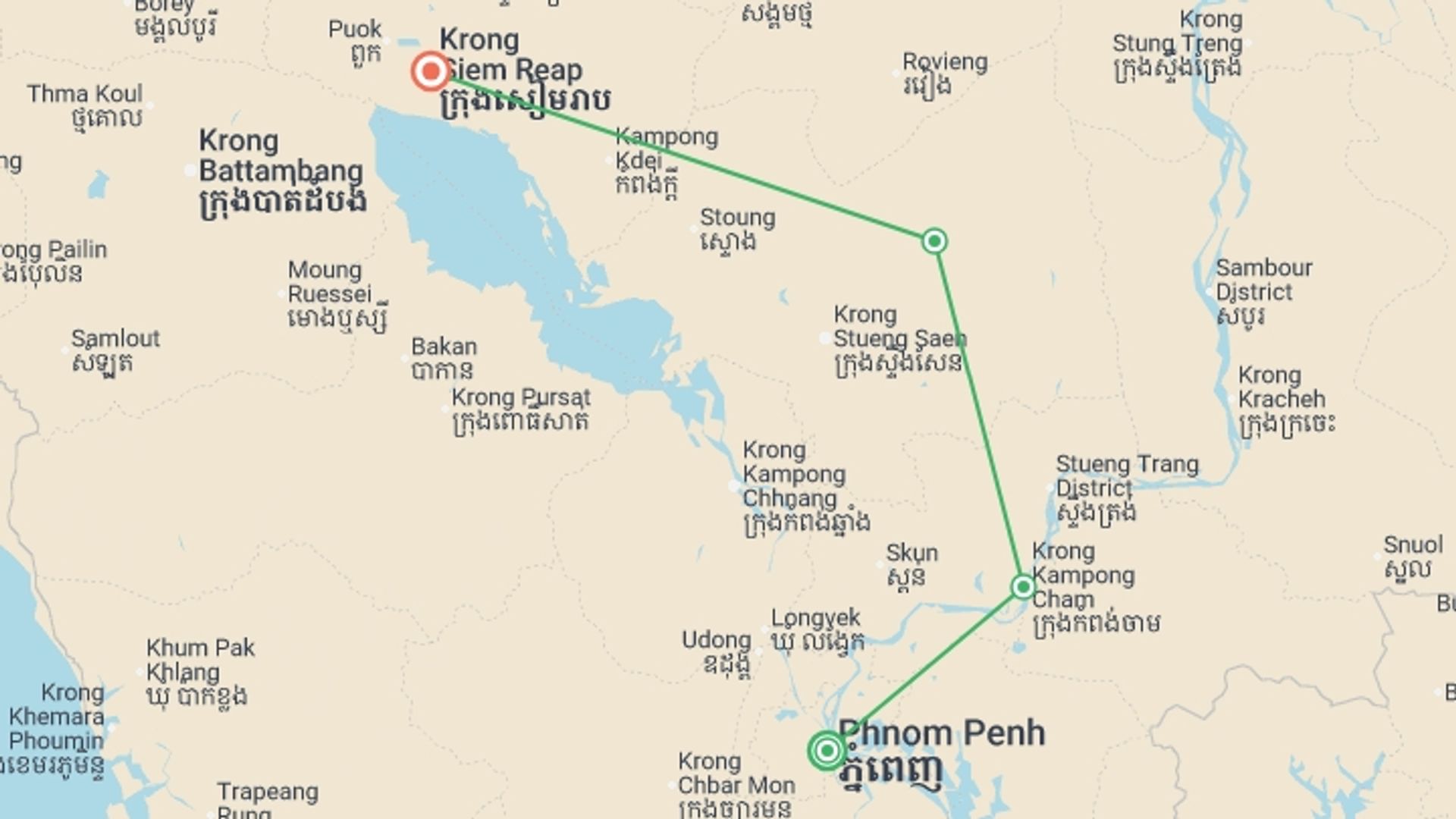 A map showing the tour itinerary for the trip: Cycling Cambodia - 7 days, starting in Phnom Penh, Cambodia and ending in Siem Reap, Cambodia going through 2 other destinations.