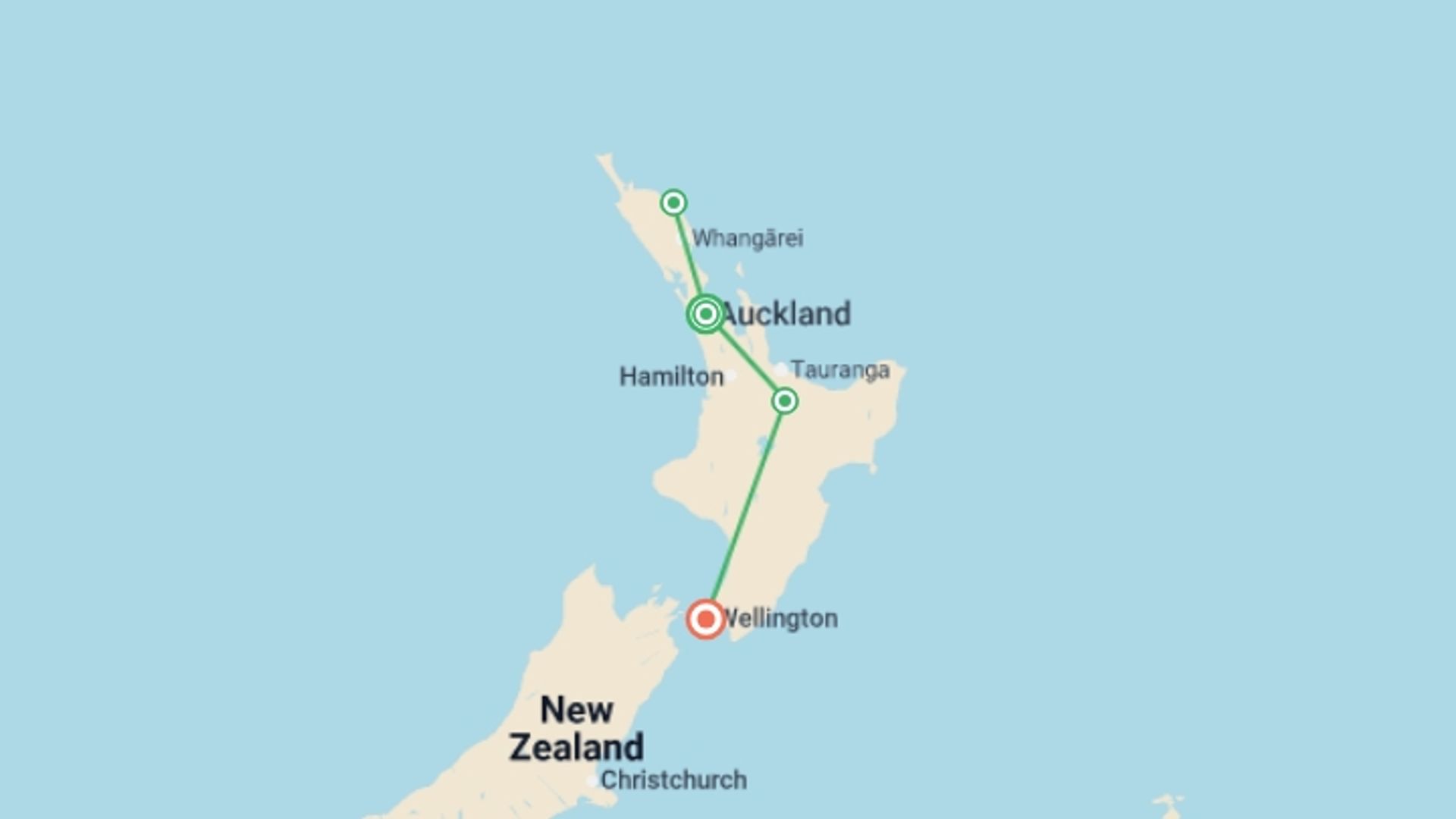 A map showing the tour itinerary for the trip: Northern Spotlight, starting in Auckland, New Zealand and ending in Wellington, New Zealand going through 2 other destinations.