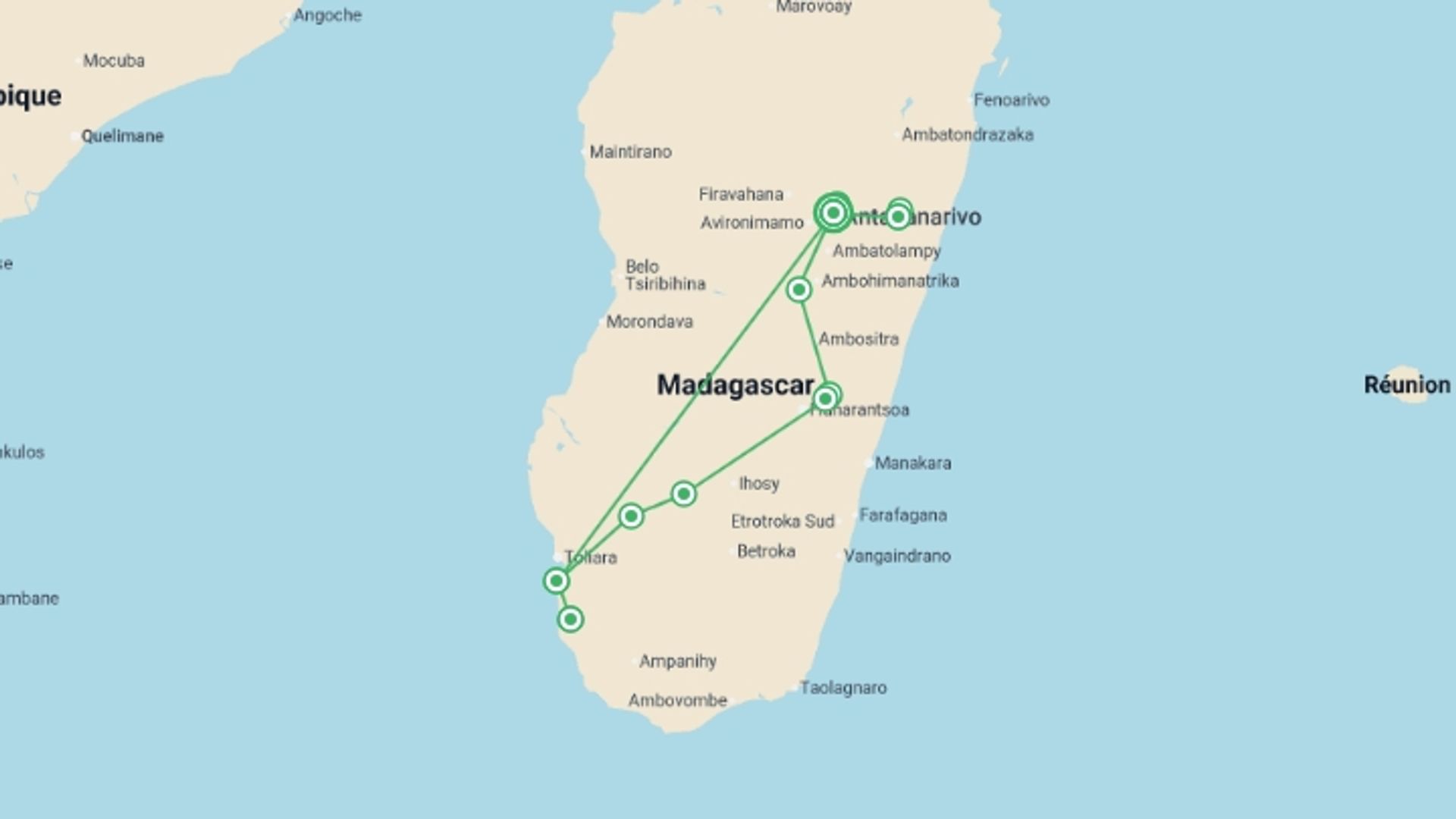A map showing the tour itinerary for the trip: Highlights of Madagascar, starting in Antananarivo, Madagascar and ending in Antananarivo, Madagascar going through 8 other destinations.