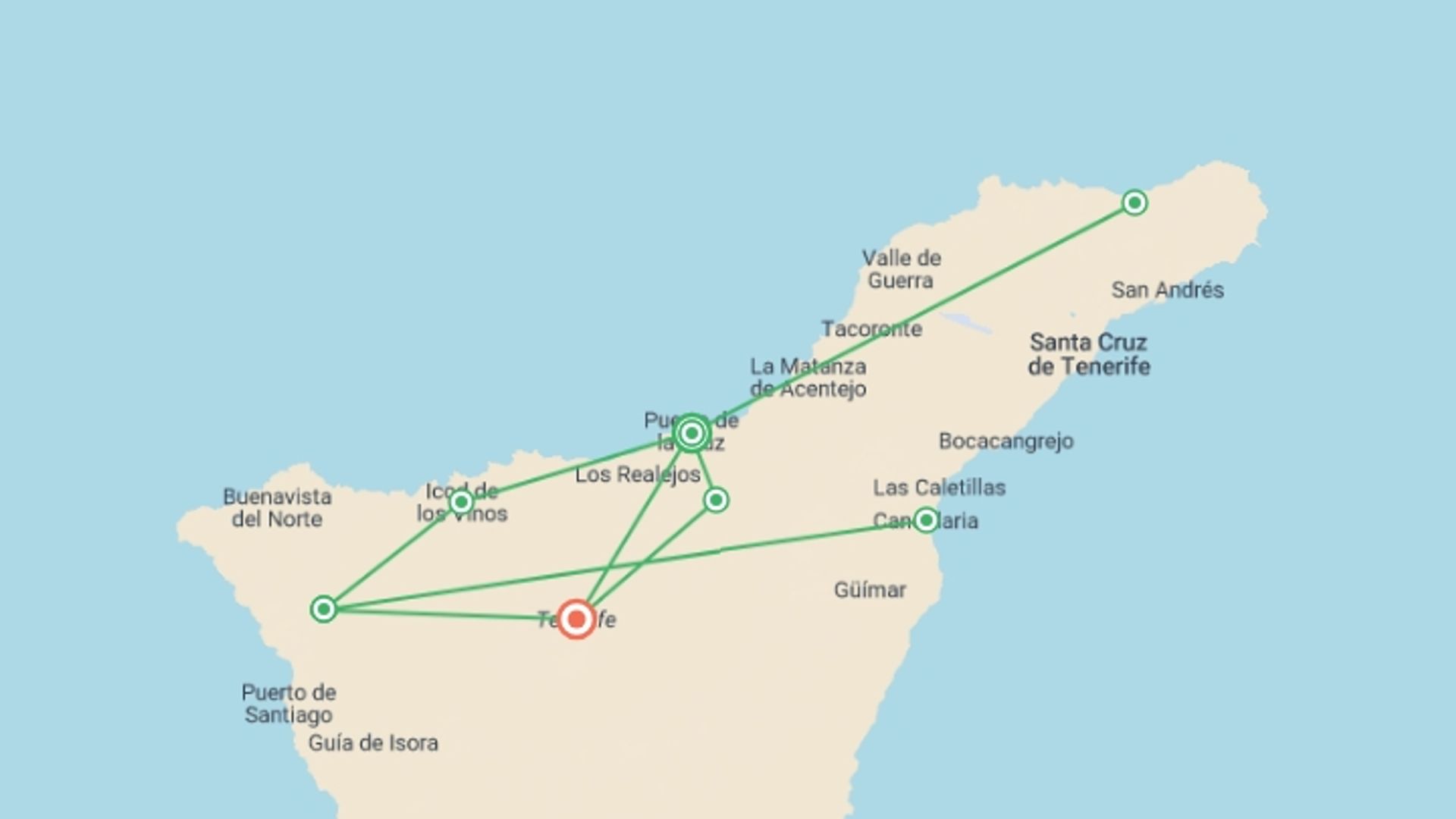 A map showing the tour itinerary for the trip: Tenerife North & South, Self-drive, starting in Puerto De La Cruz, Spain and ending in Tenerife, Spain going through 2 other destinations.