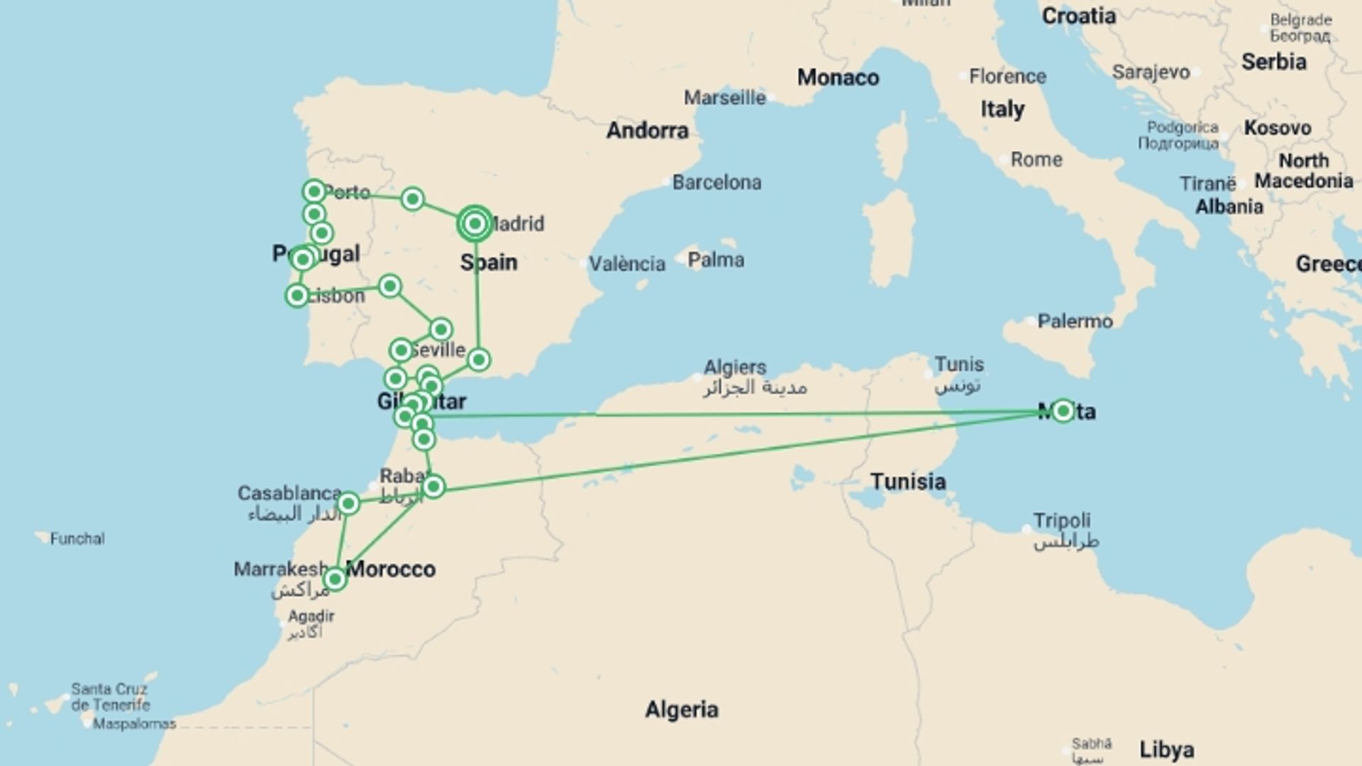 A map showing the tour itinerary for the trip: Jewels of Spain, Portugal & Morocco - 21 days , starting in Madrid, Spain and ending in Madrid, Spain going through 12 other destinations.